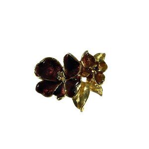 Vintage Gold Tone Red Enamel Flower Brooch Pin Double Blossom Floral Jewelry